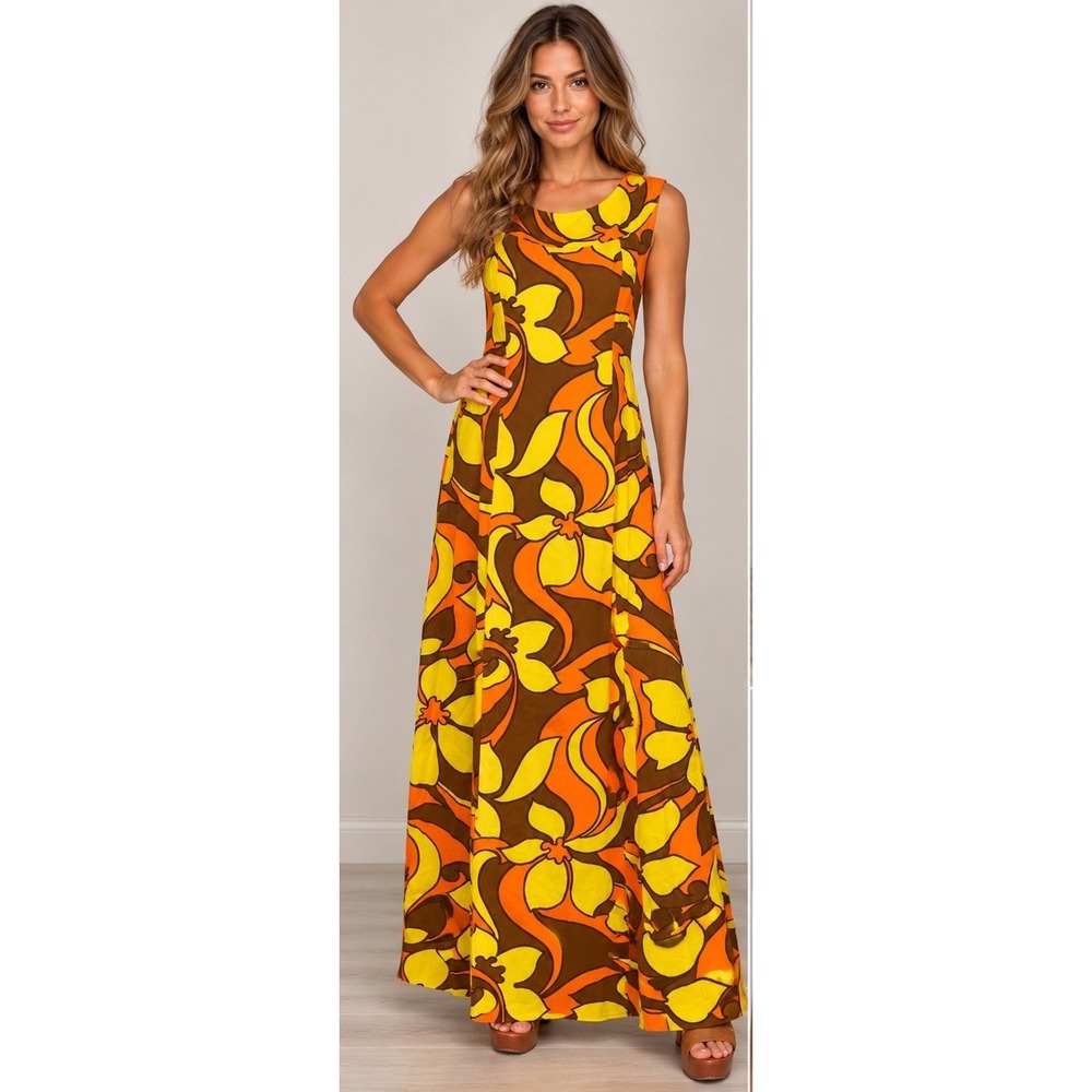 Pomare Tahiti Hawaiian Maxi Dress Both 60's Psychedelic Retro Floral Medium #24